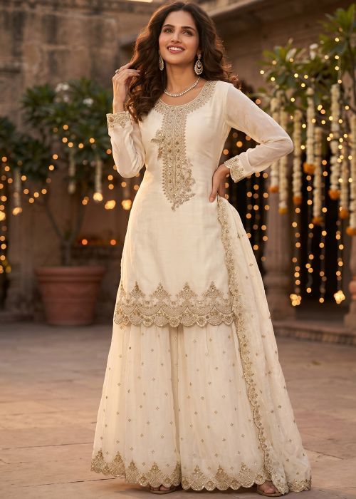 Off White Art Silk Palazzo Suit With Sequins