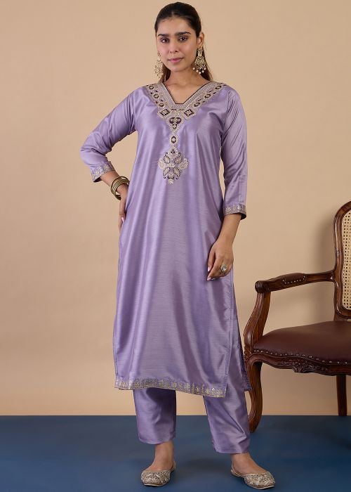 Lavender Art Silk Suit With Dori Embroidery