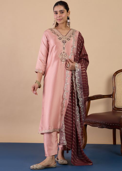Peach Art Silk Suit With Contrast Dupatta