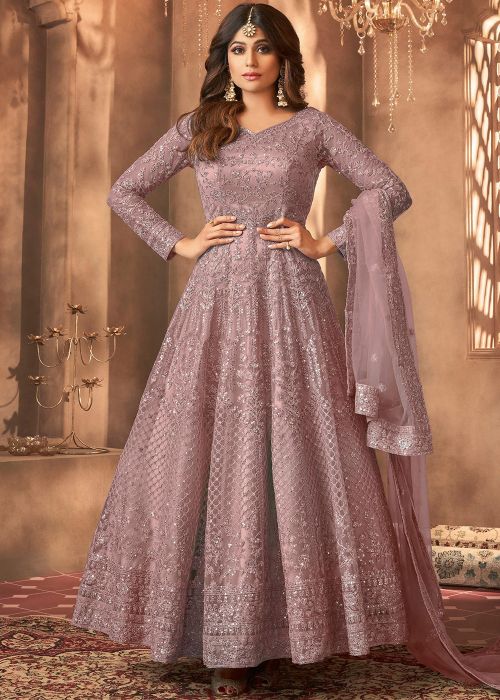Shamita Shetty Mauve Pink Anarkali Suit With Sequins