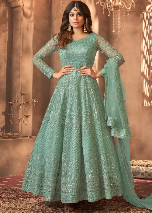 Samita Shetty Mint Green Anarkali Suit With Dori Work