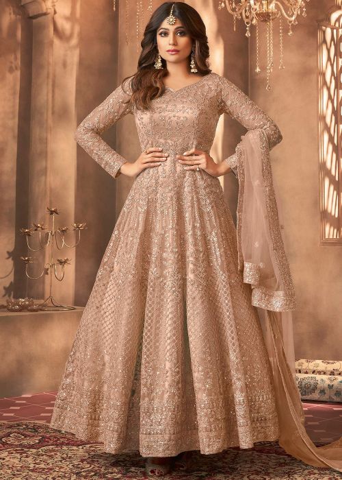 Shamita Shetty Beige Anarkali Suit With Embroidery