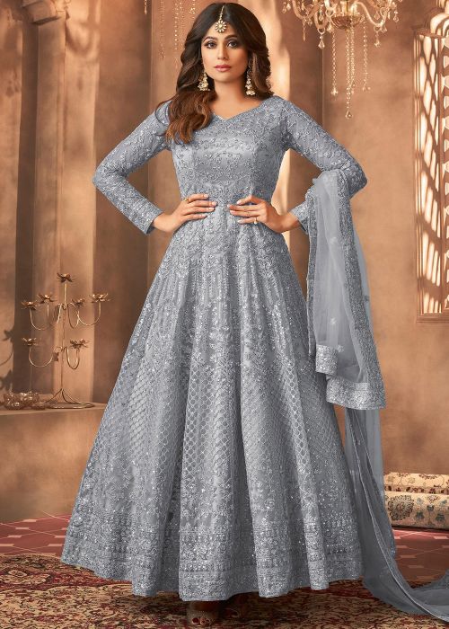 Shamita Shetty Grey Anarkali Suit With Dori Detail
