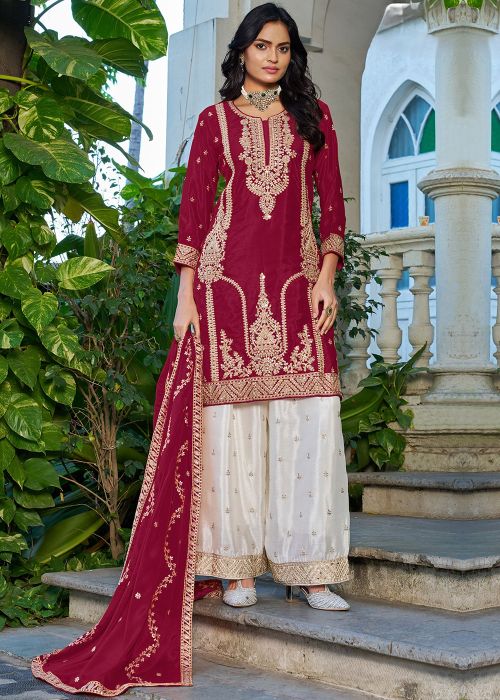 Maroon Chiffon Palazzo Suit With Embroidery