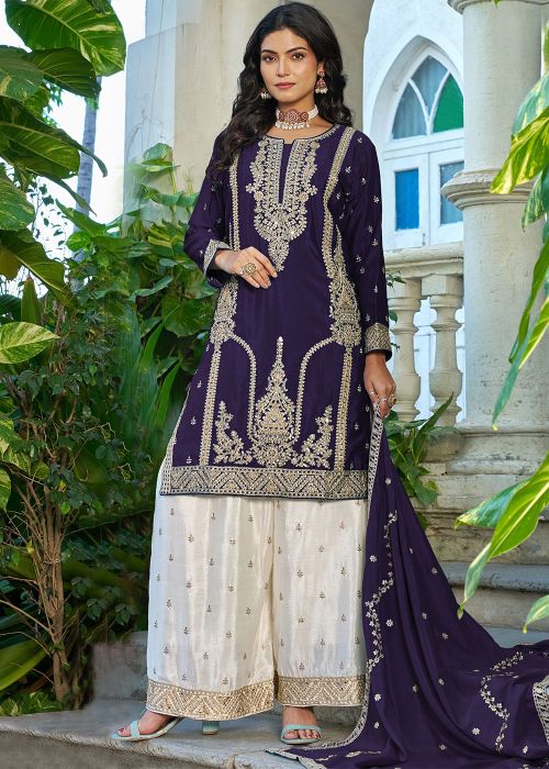 Purple Chiffon Palazzo Suit With Sequins
