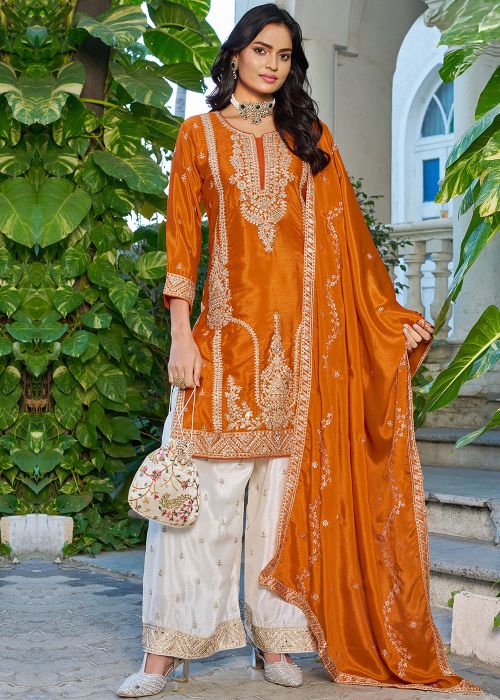 Orange Chiffon Palazzo Suit With Dori Work