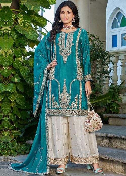Turquoise Chiffon Palazzo Suit With Mirror Work