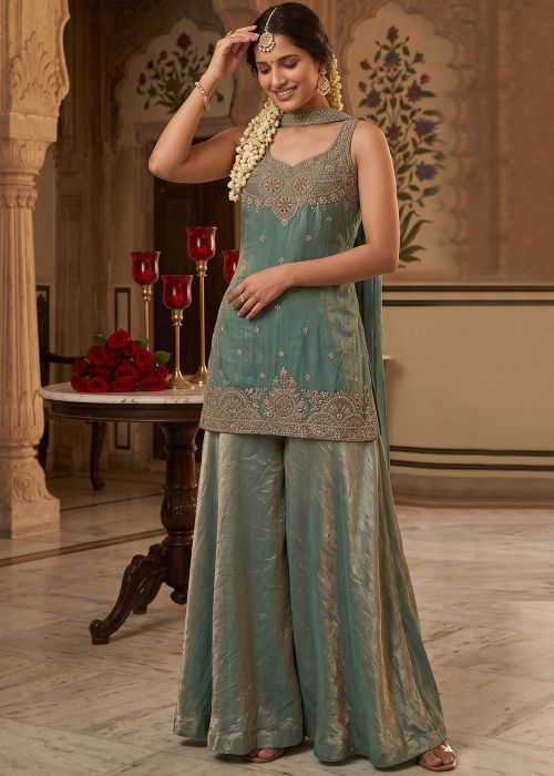 Blue Palazzo Suit With Beads Work