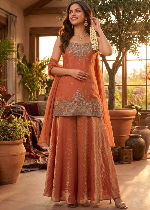 Peach Art Silk Palazzo Suit With Zari Work