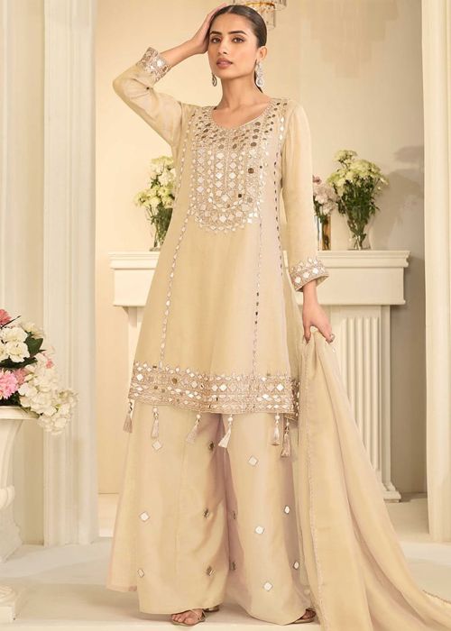 Beige Shimmer Palazzo Suit With Mirror Work