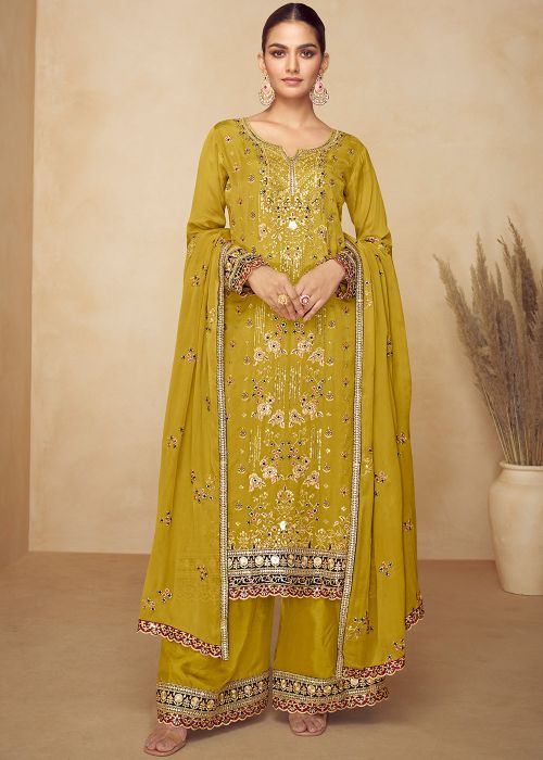 Yellow Chiffon Palazzo Suit With Mirror