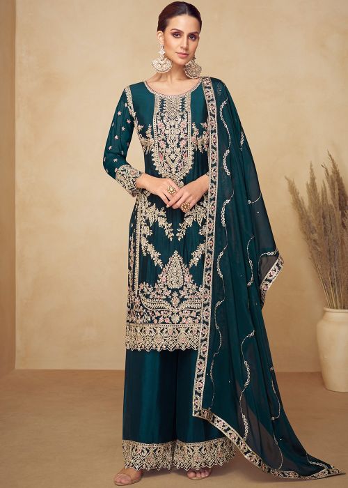 Teal Blue Chiffon Palazzo Suit With Zari Work