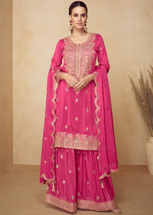 Pink Chiffon Palazzo Suit With Sequins