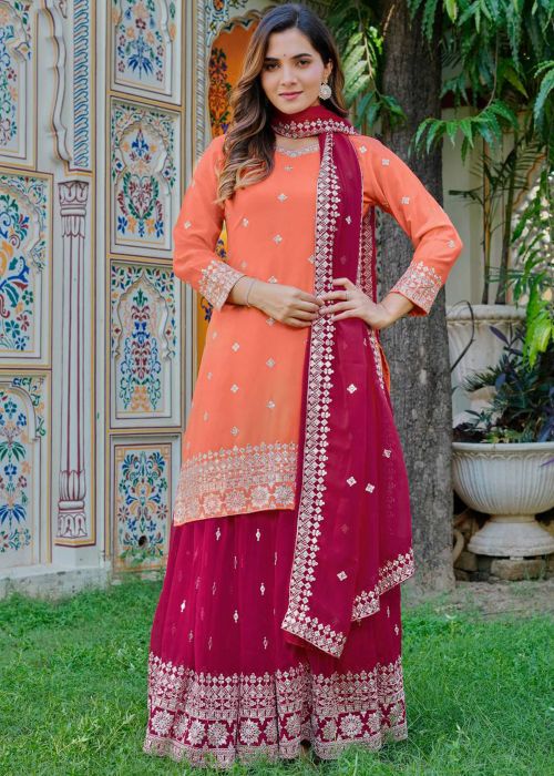 Orange Georgette Sharara Suit With Sequins