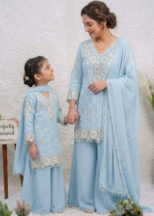 Sky Blue Georgette Mother Daughter Combo Suit