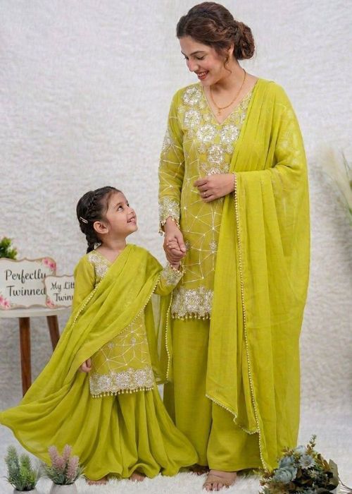 Light Green Georgette Mother Daughter Combo Set