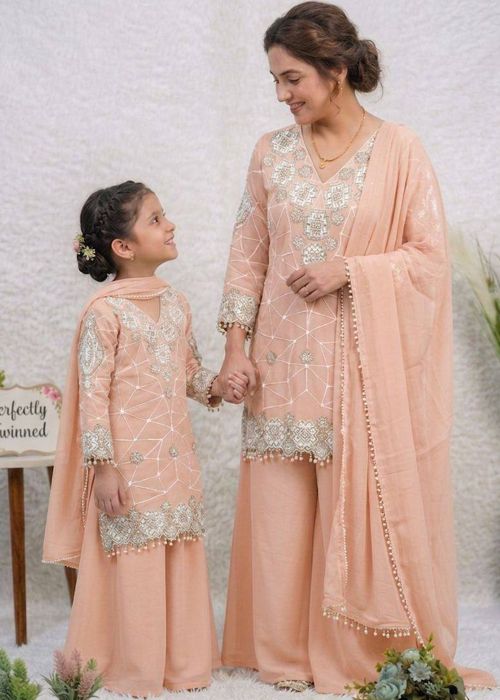 Peach Georgette Mother Daughter Palazzo Set