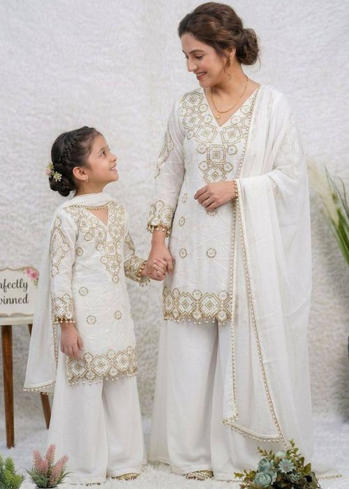 White Georgette Twinning Palazzo Suit Set