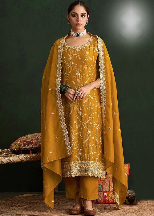 Yellow Art Silk Palazzo Suit With Thread Work