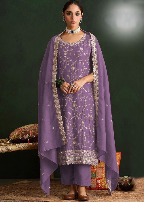 Lavender Art Silk Palazzo Suit with Sequins