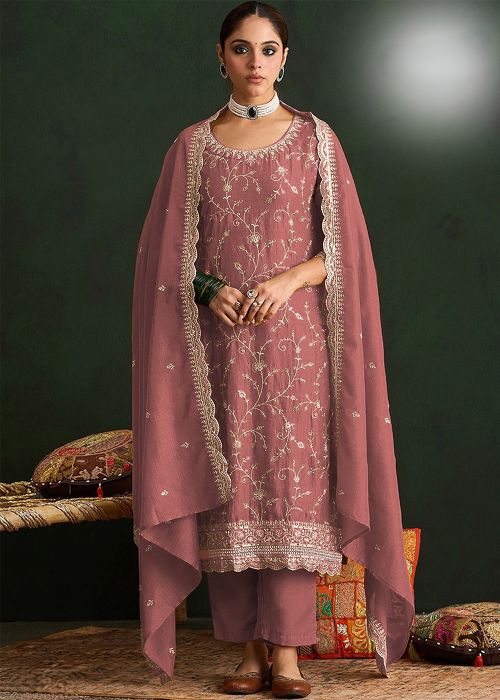 Dusty Pink Palazzo Suit With Thread Accent