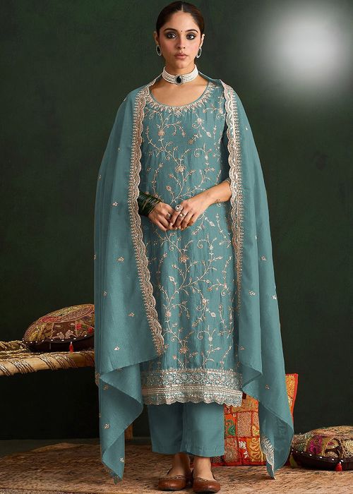 Sky Blue Palazzo Suit With Floral Work