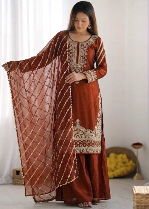 Rust Orange Palazzo Suit With Bead Work