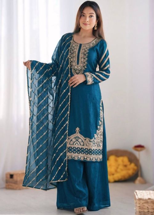 Teal Blue Art Silk Palazzo Suit With Sequins
