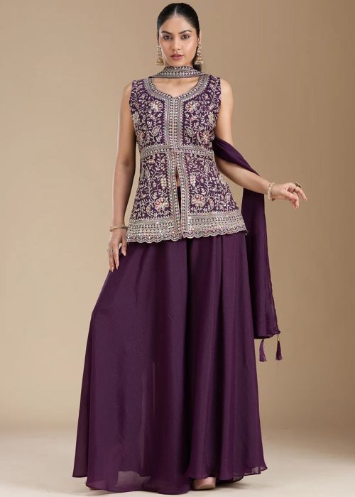 Purple Georgette Embroidered Palazzo Suit