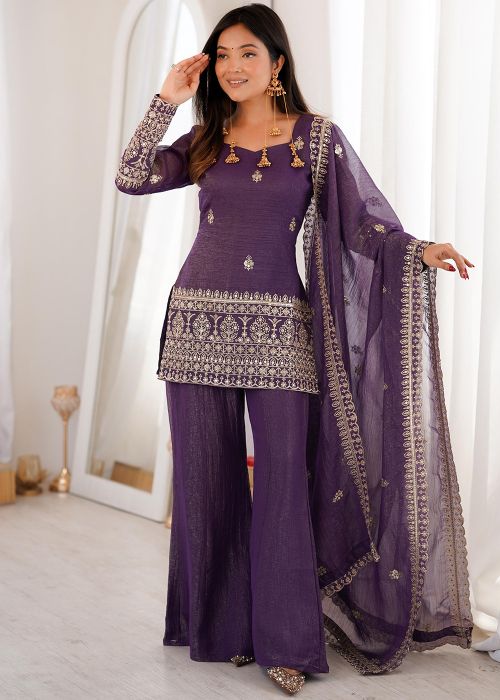 Purple Art Silk Pant Suit With Zari Work
