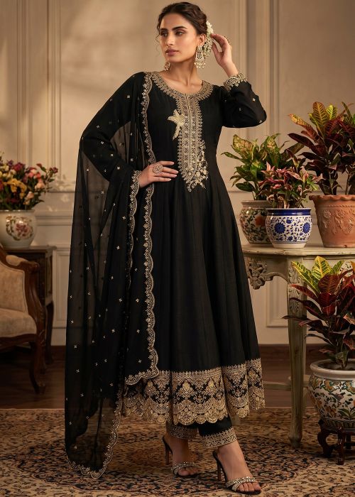 Black Art Silk Anarkali Suit With Zari Work