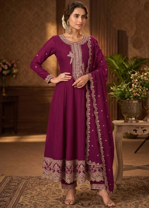 Magenta Art Silk Anarkali Suit With Sequins