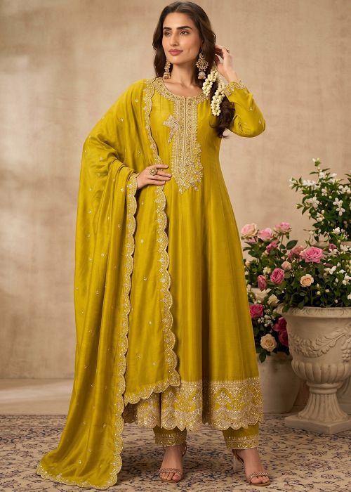 Yellow Art Silk Anarkali Suit With Zari Embroidery