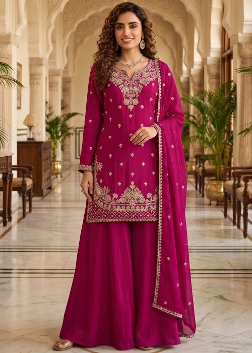 Magenta Chiffon Palazzo Suit With Beadwork