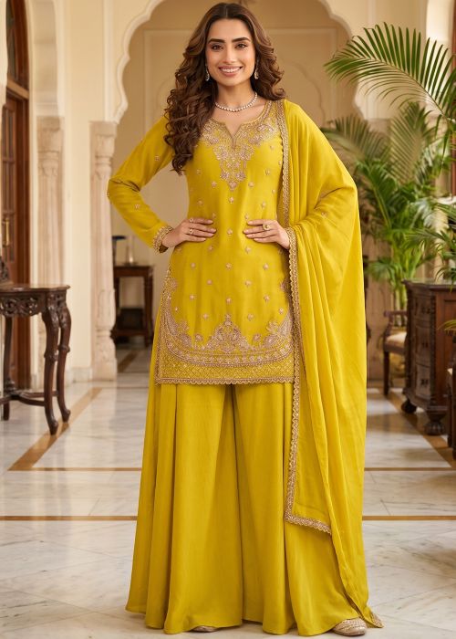 Yellow Chiffon Palazzo Suit With Zari Work