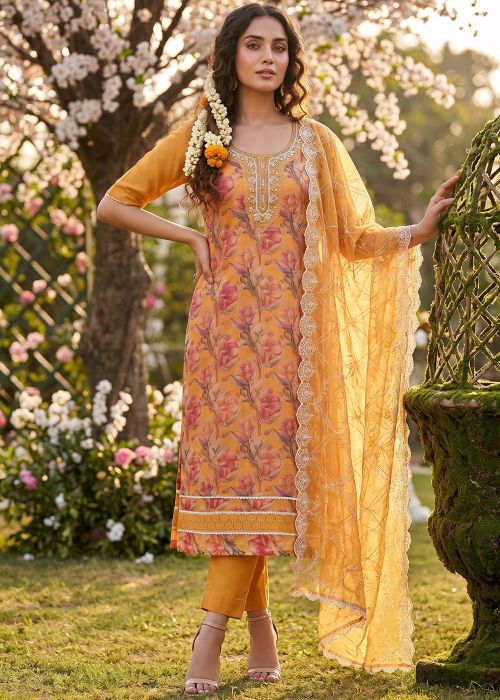 Yellow Floral Organza Embroidered Pant Suit