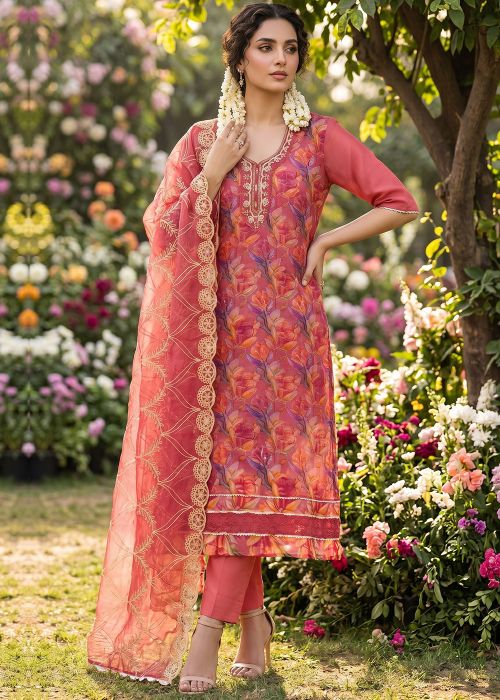 Peach Organza Pant Suit With Floral Print