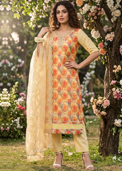 Cream Organza Pant Suit With Dori Work