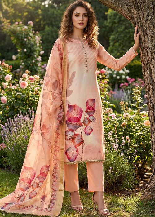 Peach Rayon Pant Suit With Digital Print