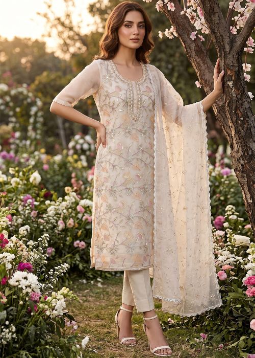 cream indian dress Handmade White & Golden Lace Anarkali Gown: Indian Wedding Suit