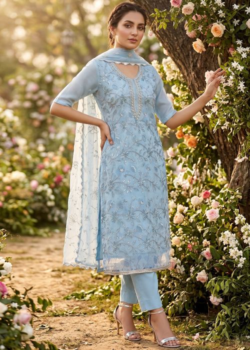 Blue Organza Suit With Sequin Detailing