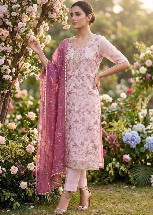 Pink Floral Organza Suit With Handwork