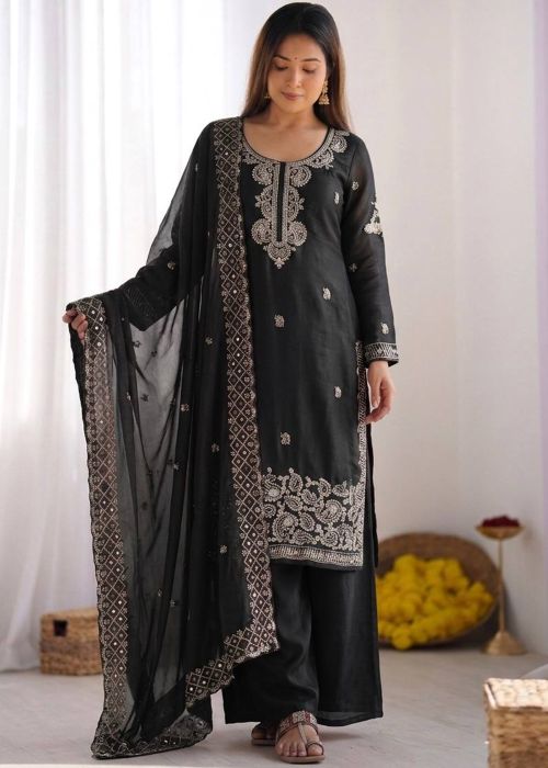 Black Art Silk Palazzo Suit With Bead Work