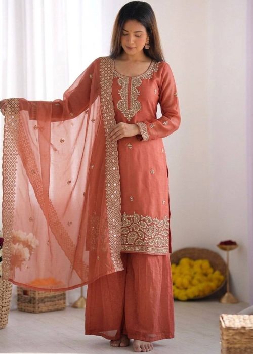 Peach Art Silk Palazzo Suit With Bead Detail
