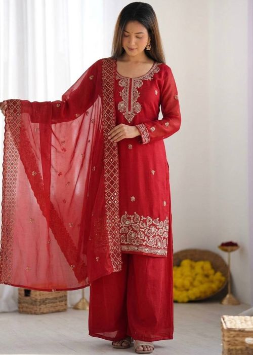 Red Art Silk Palazzo Suit With Thread Embroidery