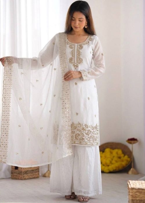 White Art Silk Palazzo Suit With Beaded Work