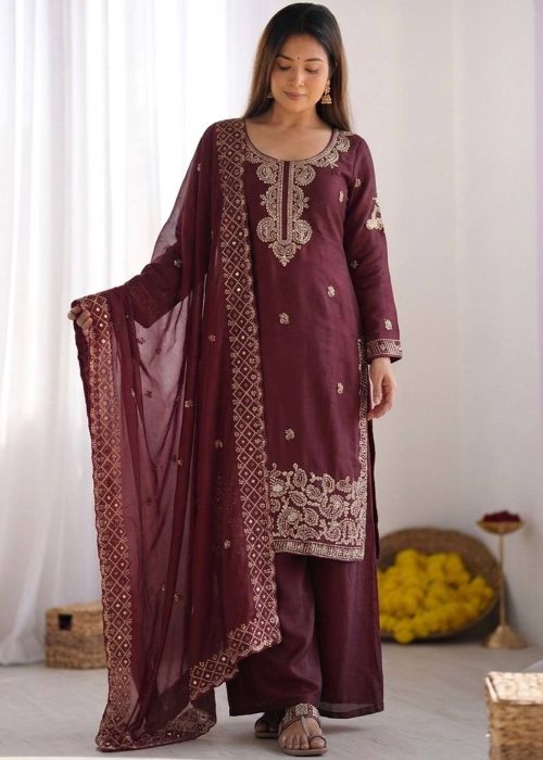 Maroon Art Silk Palazzo Suit With Sequins