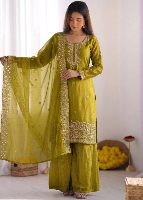 Green Art Silk Palazzo Suit With Bead Work