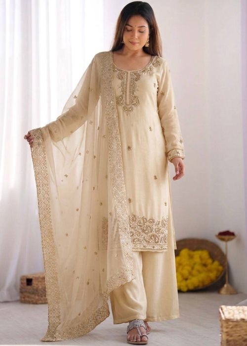Cream Crape Palazzo Suit With Sequin Work
