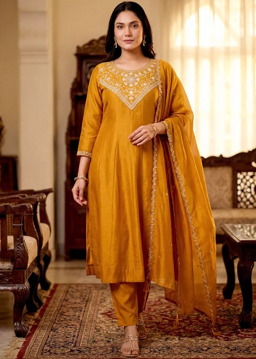 Yellow Art Silk Pant Suit With Sequins